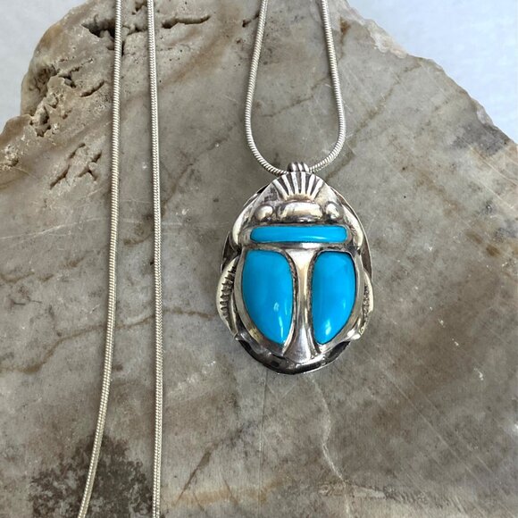 VTG 800 Silver Egyptian Scarab Pendant Necklace 18" Sterling Silver Snake Chain - Picture 1 of 16